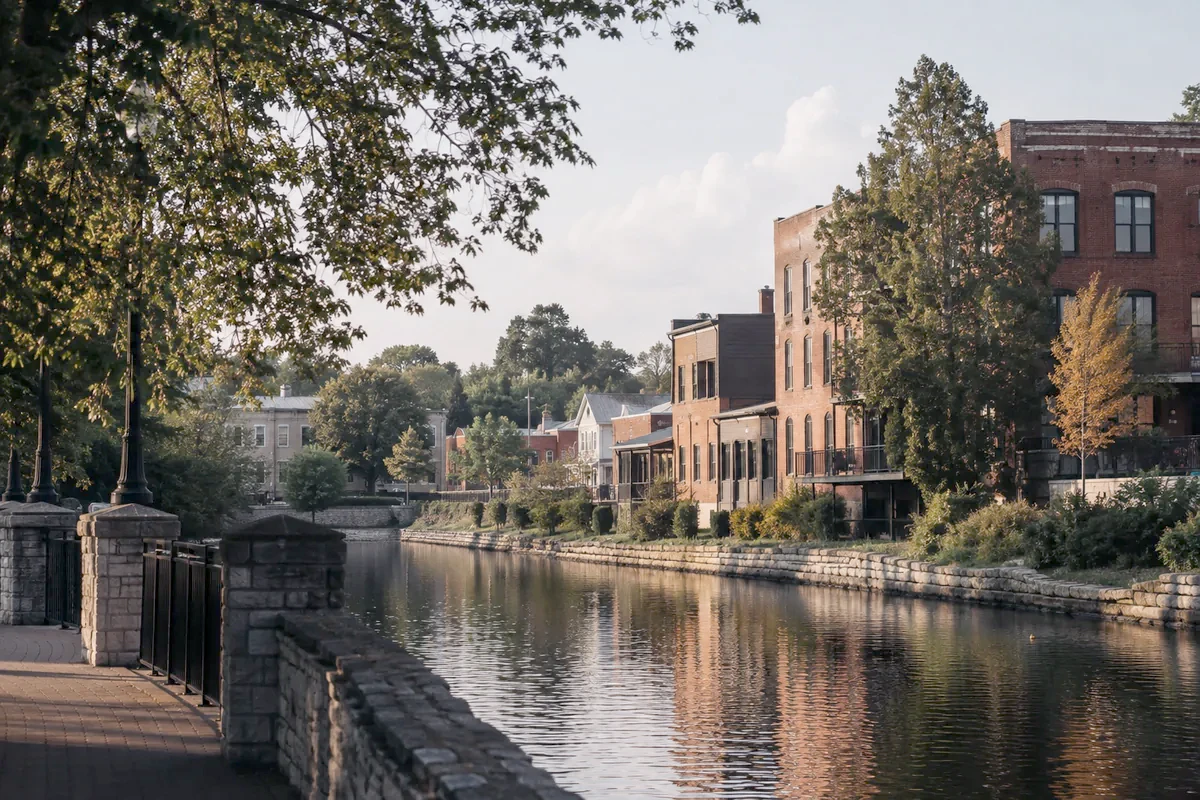 Illustration of Grafton: brick buildings reflected in the river beside a stone walkway.