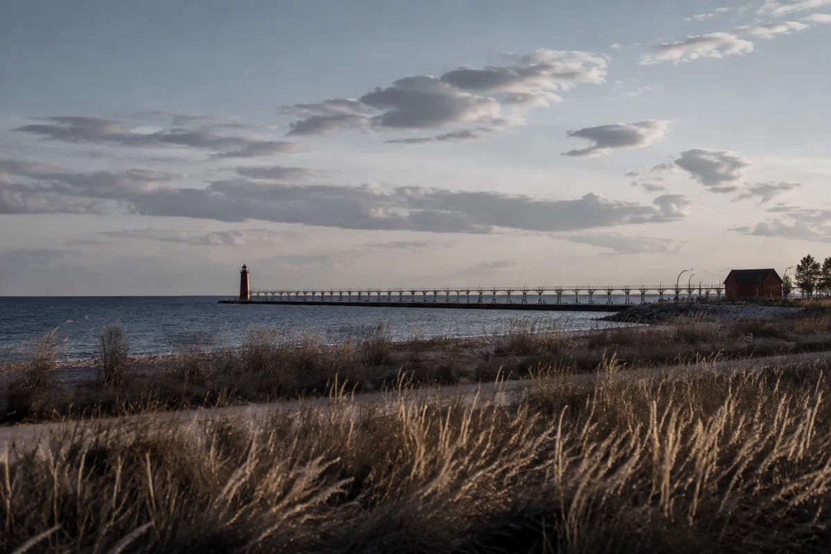 Illustration of Sheboygan: lakeshore grasses and a long pier with a red lighthouse.